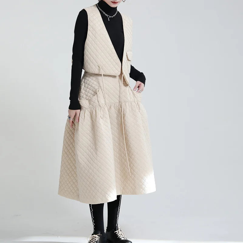 Winter Fashionable Designer  Rhombus Quilted A- Line Skirt Large Swing Lace-up Loose Skirt