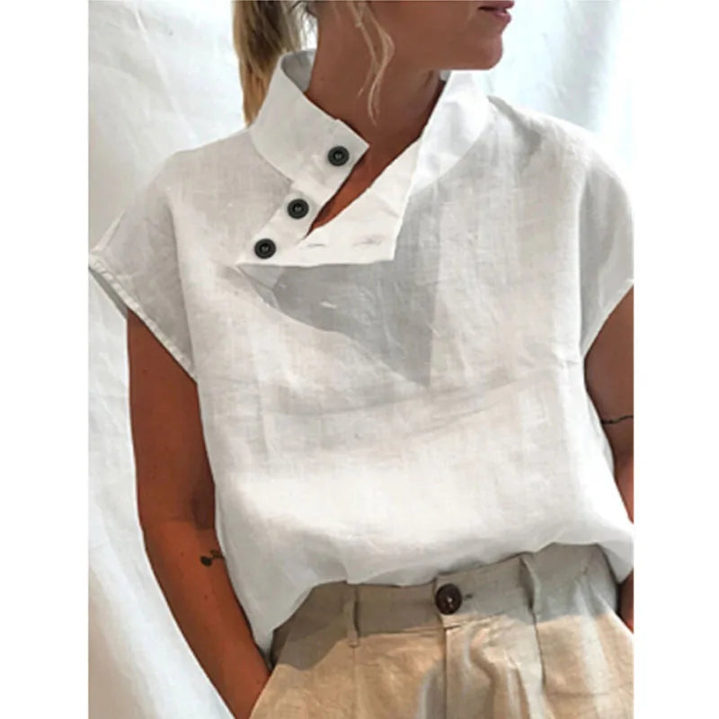 RNSHANGER Women Blouses Fashion Short Sleeve Elegant Cotton Linen White Shirt Summer Casual Oversized Chic Tunic Blouse