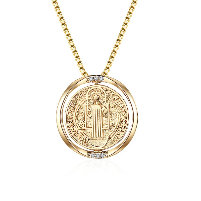 Fashion Trendy Gold Saint Benedict Medal Double Sided Rotation Pendant Necklace Exorcism Christian Catholic Jewelry for Party