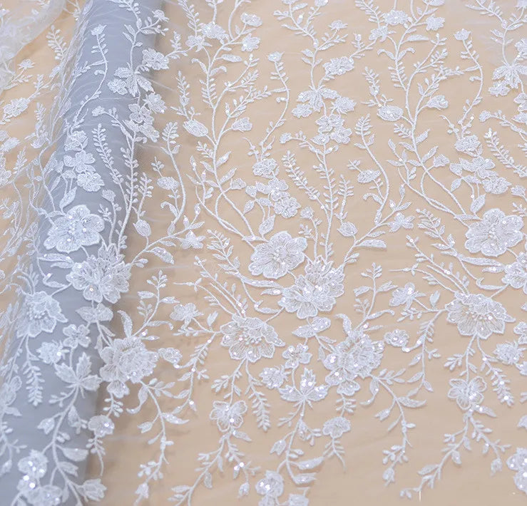 Soft Mesh Embroidery Sequin Lace Fabric with 3D Embellishments White 100% Polyester Elegant Bridal Wedding Dress Fabric