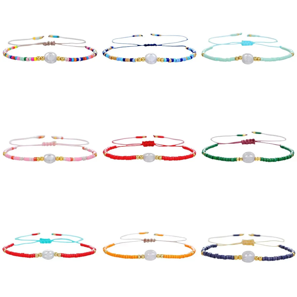 Bohemian Style Women's Adjustable Charm Bracelet with Pearl Bead and Rice Beads Friendship Bangles