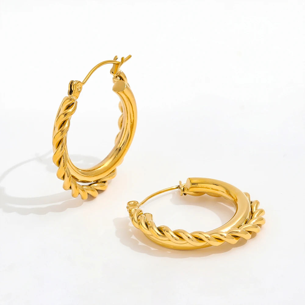 JOOLIM  High End 18K Gold Plated Rope Twisted Chunky Layered Cross Hoop Earrings Jewelry Stainless Steel for Women