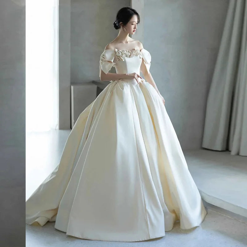 AL1503 Satin Wedding Dress 2025 New Bride French Style One Shoulder White Big Train Brides Maid Dresses Modest Wedding Dress