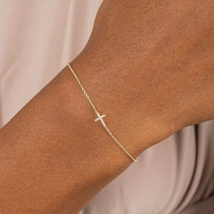 Minimalist Gold Plated 925 Sterling Silver Cz Pave Tiny Cross Bracelet for Women