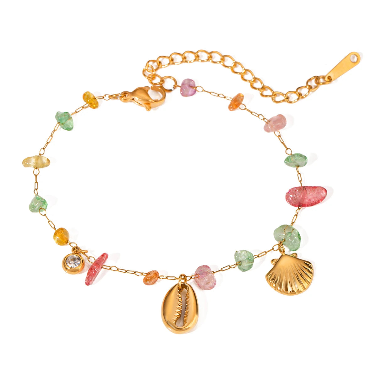 J&D 18K Gold Plated Stainless Steel + Stone Colorful Stone Shell Fan Pendant Bracelet 16.5+5cm