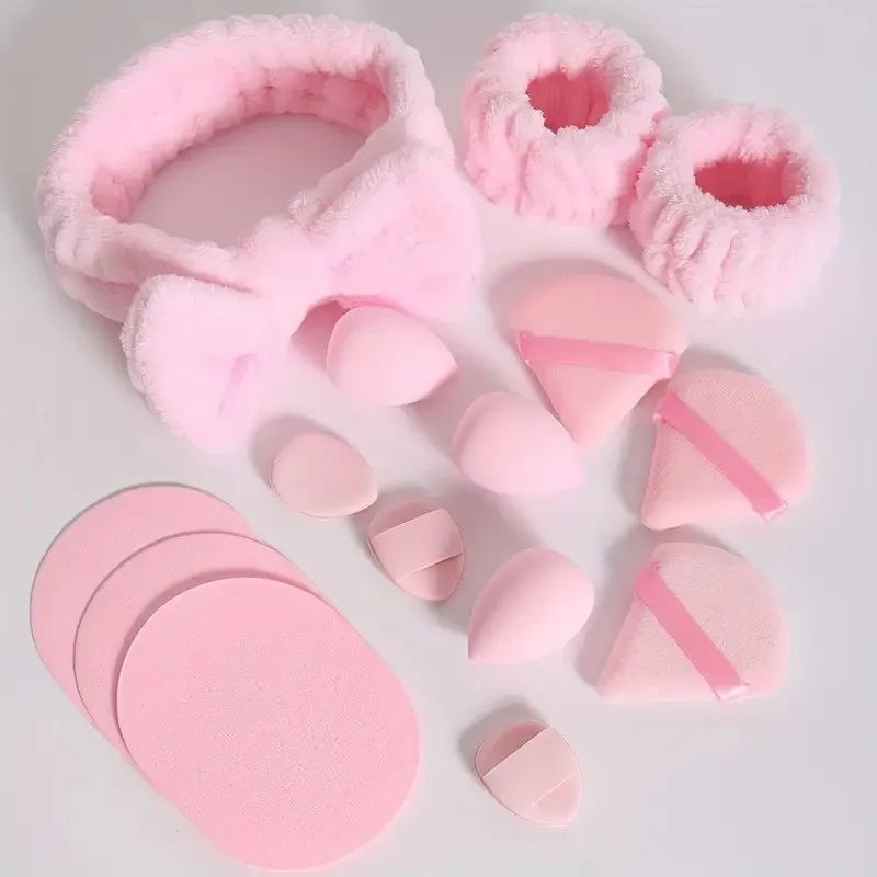 15Pcs Spa Bowknot Headband and Wristband Set Face Loose Powder Puffs Makeup Beauty Sponge Kits Skincare Facewash Cleansing Pads