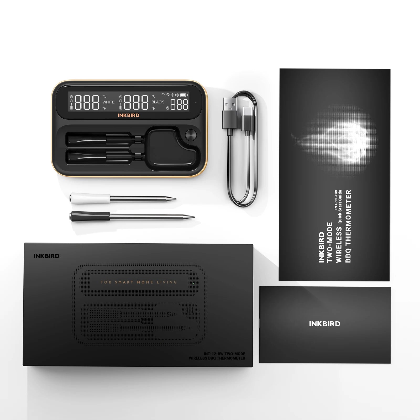 INKBIRD INT-12-BW Dual Mode Wireless BBQ Thermometer with Long and Short Probe Combo for Everyday Cooking Grilling Barbecuing