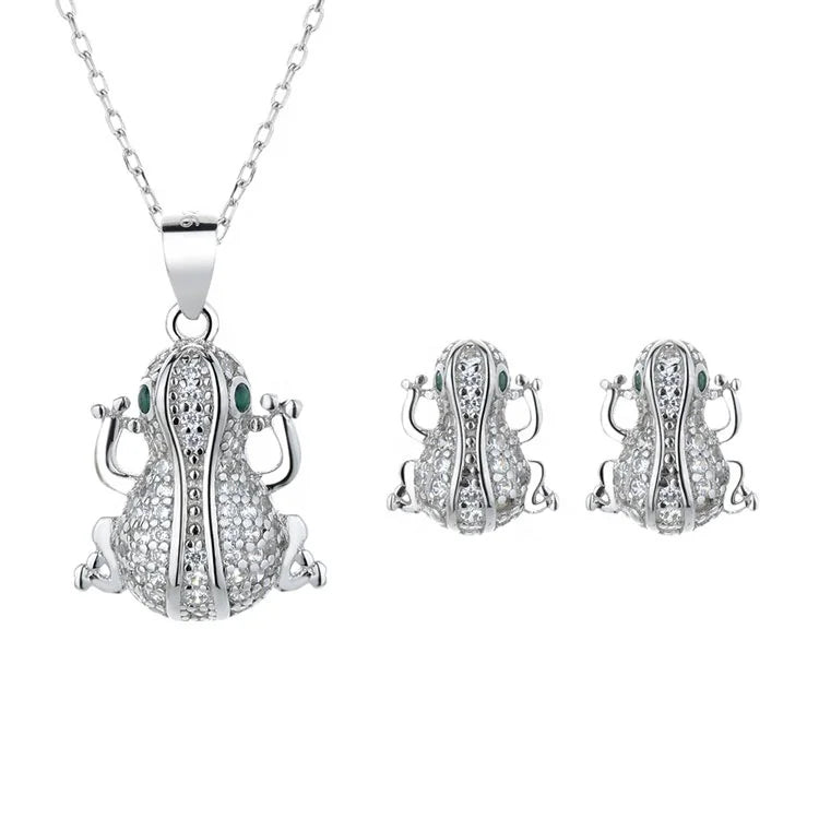 Frog Design Jewelry Set in Sterling Silver 925 Cute Animal Earrings and Necklace for Women