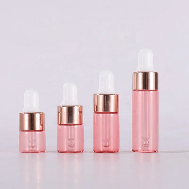 LZ Pack Stock 100pcs 1ml 2ml 3ml 5ml Rose Gold Top Essential Oil Bottles Private Label Pink Serum Dropper Bottle