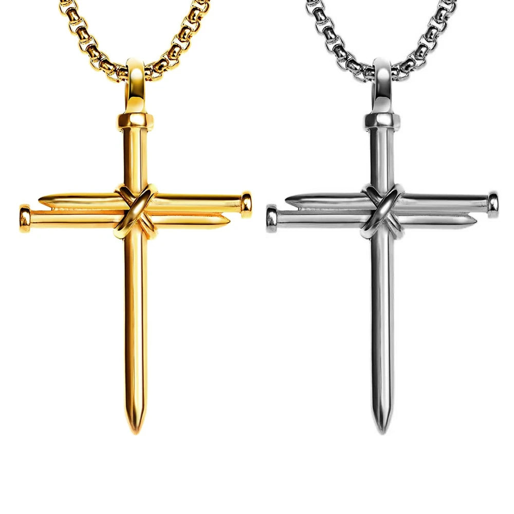 Men's Nail Cross Necklace Stainless Steel Long Cross Pendant Necklace Christian Jewelry Gift for Men 18k Gold