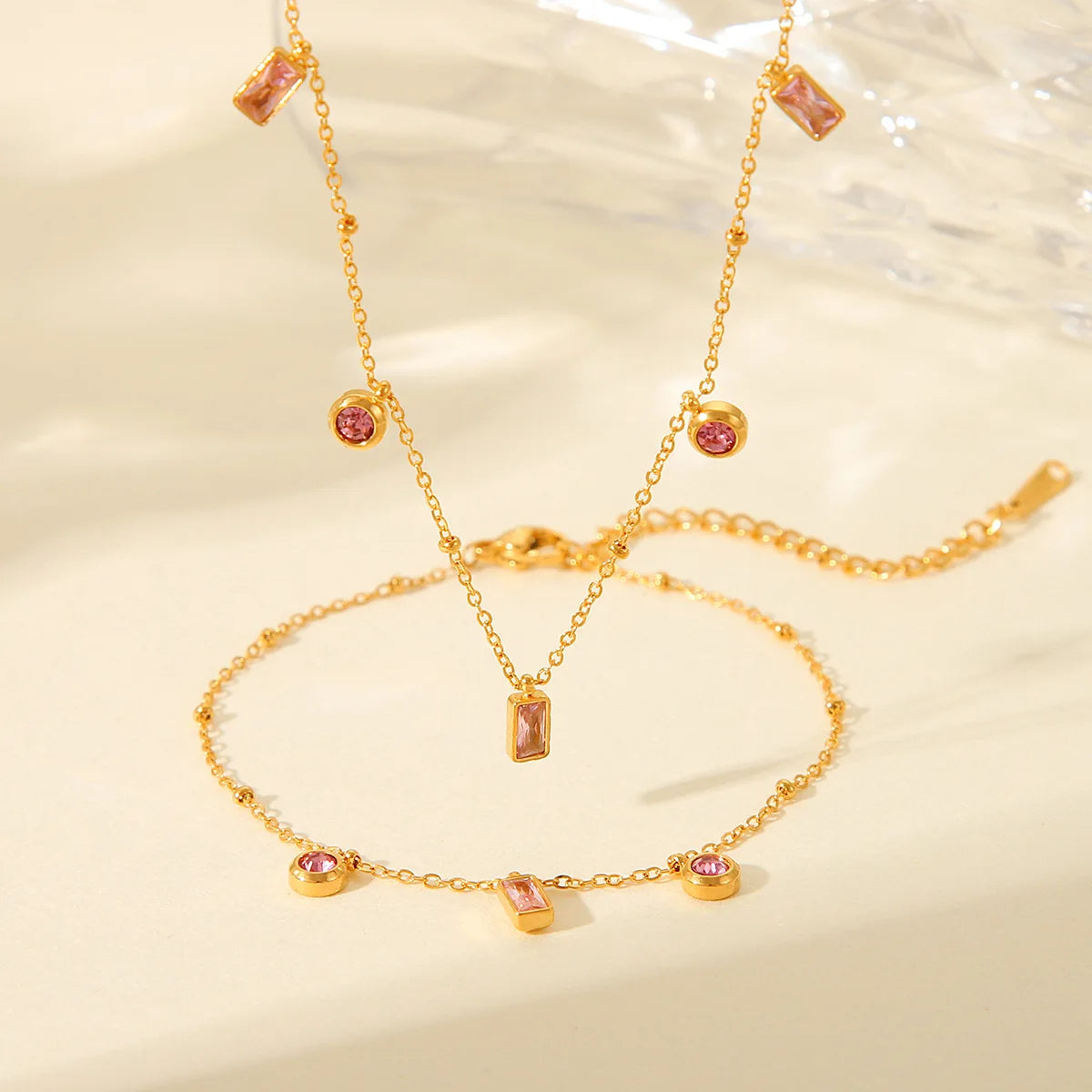 18K Gold Plated Waterproof Geometric Pink Zircon Stainless Steel Necklace Bracelet Jewelry Sets for Women MegaBDM