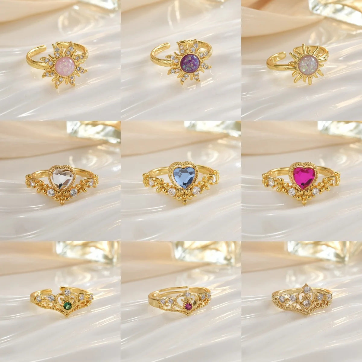 Fashion Sun Heart Crown Crystal Zircon Gold Ring Colorful Crystal Heart Sun Open Adjustable Ring Jewelry Women