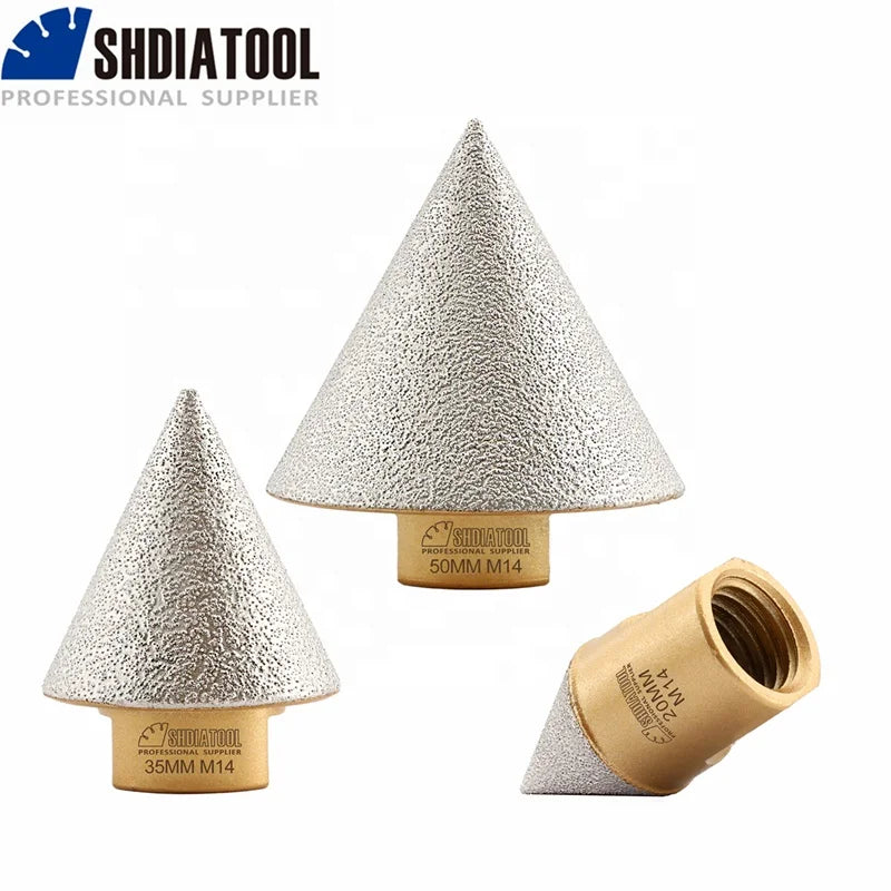 Dia20/35/50mm M14 Thread Vacuum Brazed Diamond Chamfer Cone Tile Milling Cutter for Exit Holes Enlarging Polishing Beveling