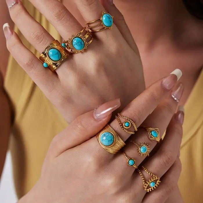 New Stainless Steel 18K Gold Plated Open Adjustable Turquoise Ring for Women Jewelry
