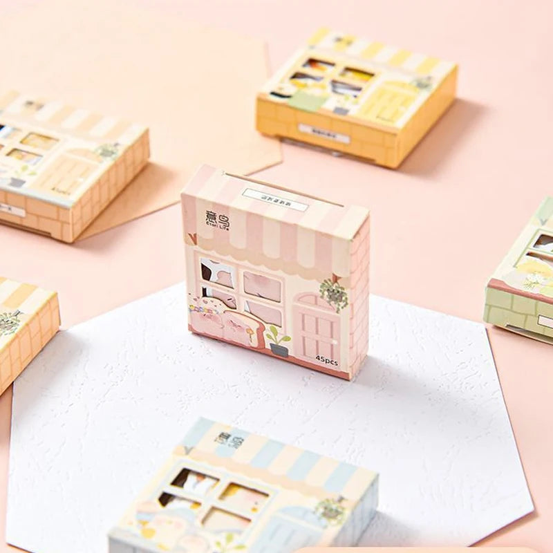 45pcs/pack Cartoon Animals Adhesive Paper Sticker Little House Series Vintage Mini Sticker Box Scrapbooking Sticker Stationery
