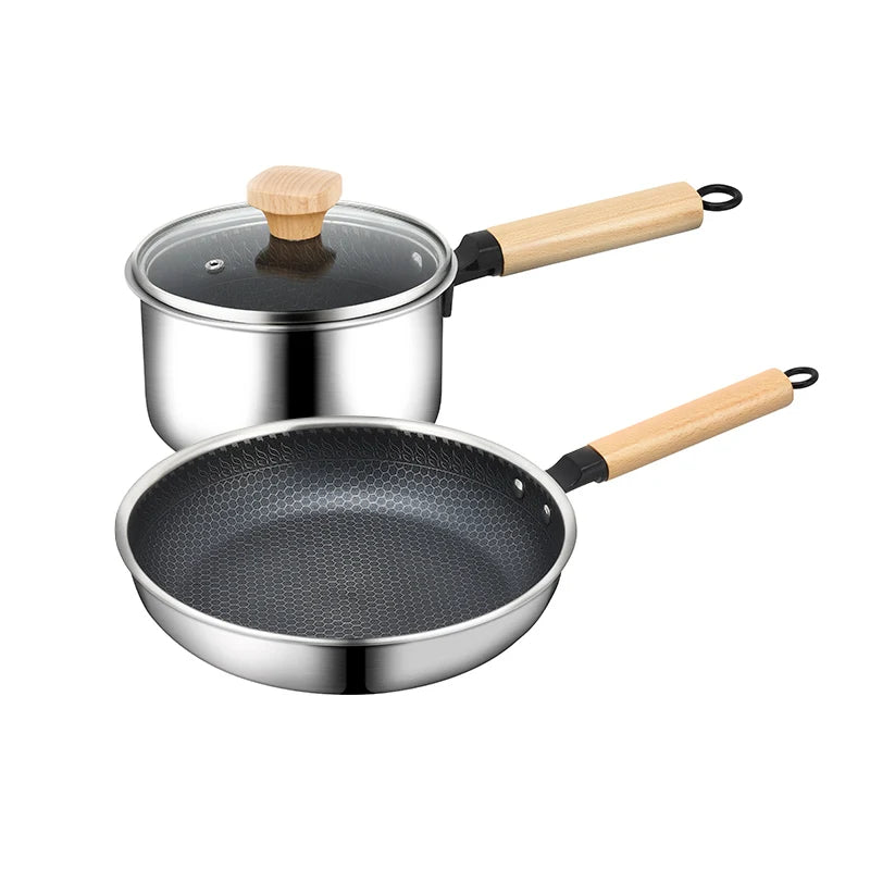 304/316 Stainless Steel Honeycomb Classic 5-Piece Cookware Set with Glass Lids Oven Safe Wooden Handles