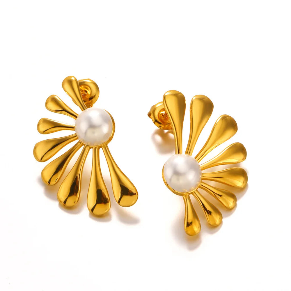 Shescity Gold Plated Stainless Steel Drop Earrings Trendy Flower Pearl Designer Elegant Stud Earrings Women Jewelry for Gifts