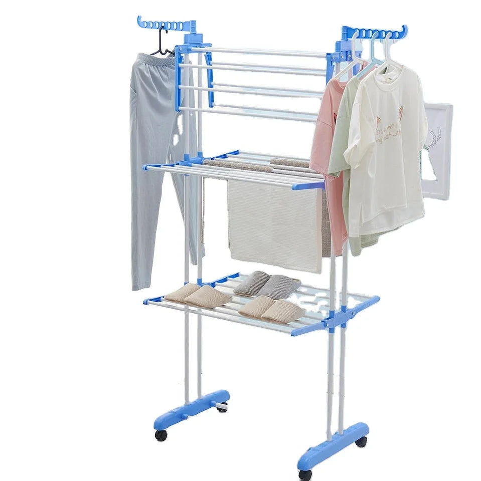 Modern Three-Tier Wing-Shaped Metal Clothes Rack with Detachable Design Stand Type and Wheels for Dryin