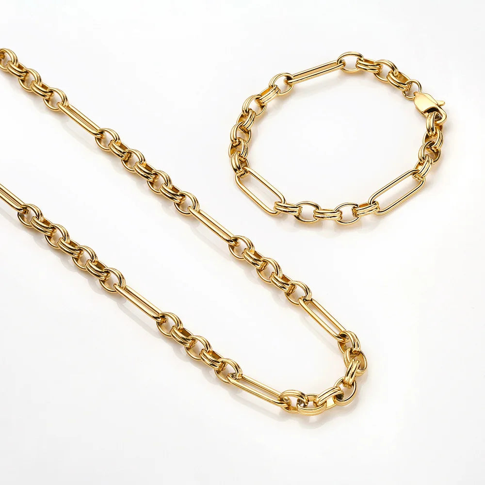 Hip Hip Fashion Titanium Stainless Steel 18k Gold Plated Box Chunky Chain Bracelet Necklace Jewelry Set for Women