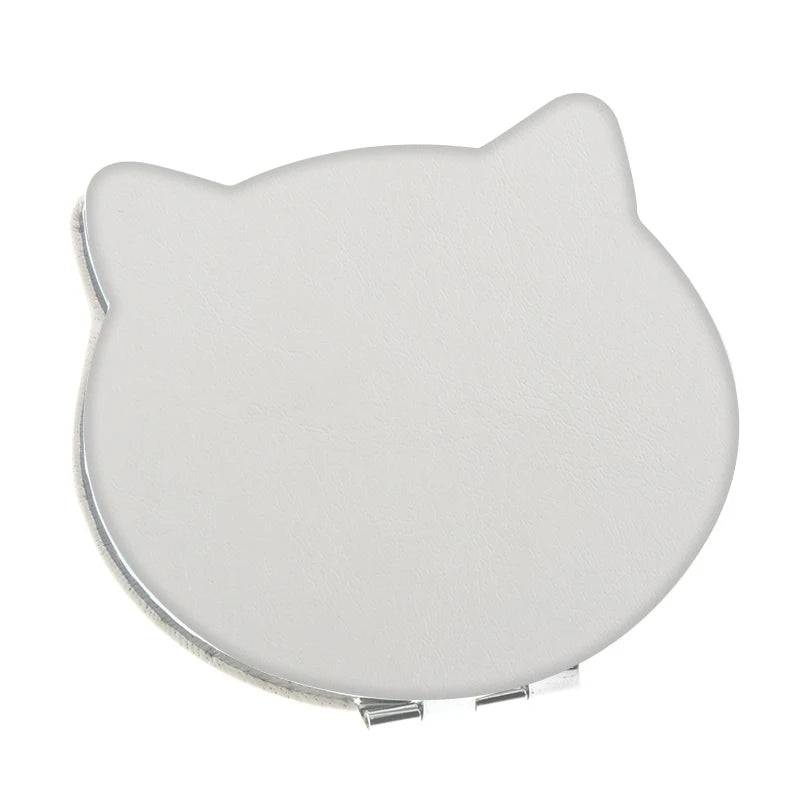 Folding Blank Mini Cat Head PU Leather Makeup Mirror White Custom Logo Pocket Compact Double Sided Mirror