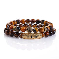 Tiger Eye Natural Stone Beaded Zircon Round Bracelet 2pcs ST184