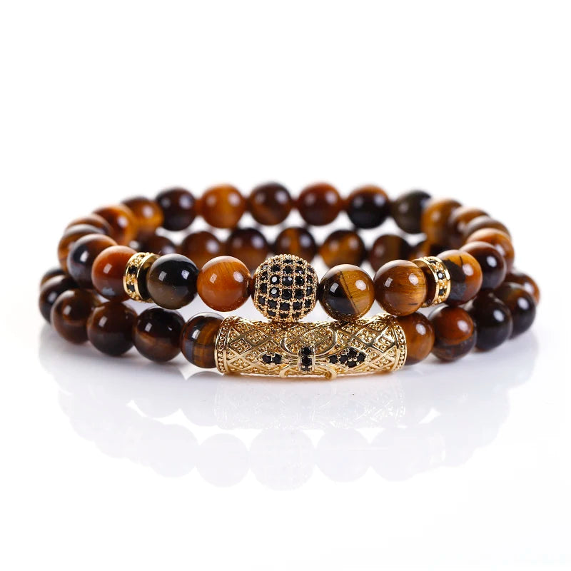 Tiger Eye Natural Stone Beaded Zircon Round Bracelet 2pcs ST184