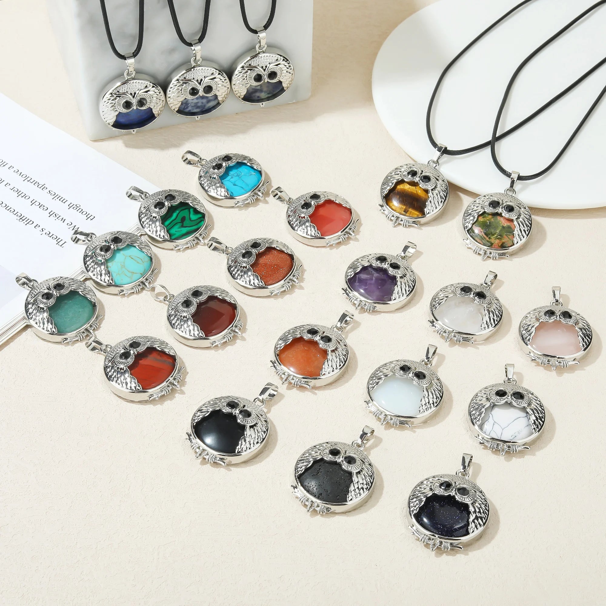 Healing Crystal Stone Owl Necklaces Pendant Reiki Spiritual Energy Gemstone Quartz Pendant for Women Men