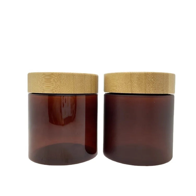 Bamboo Wooden Lid PET Plastic Cream Jar 150g 250ml Brown Frost Amber Body Scrub Container Skin Care Hair Gel Pot