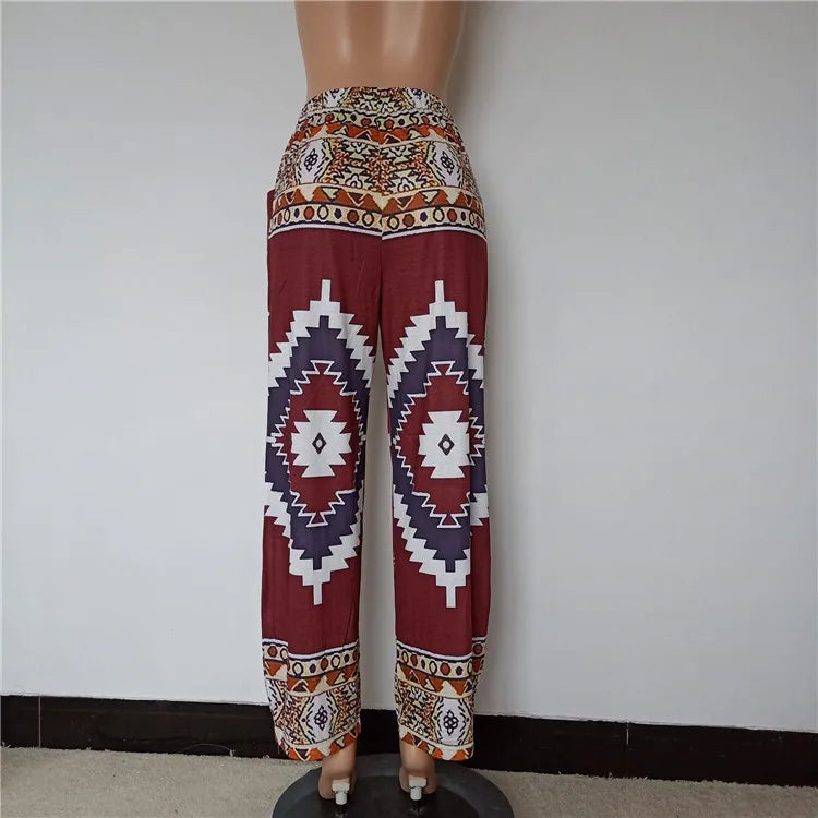Ladies Bohemian Western Style Aztec Print Elastic Waistband Trousers Loose Wide Leg Pants With Pockets