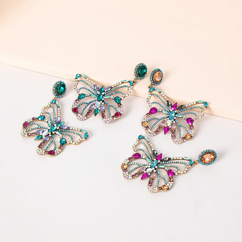 Korean Ins Glass Drill Butterfly Dangle Earrings Hollow Rainbow Color Crystal Rhinestone Butterfly Stud Earrings for Women