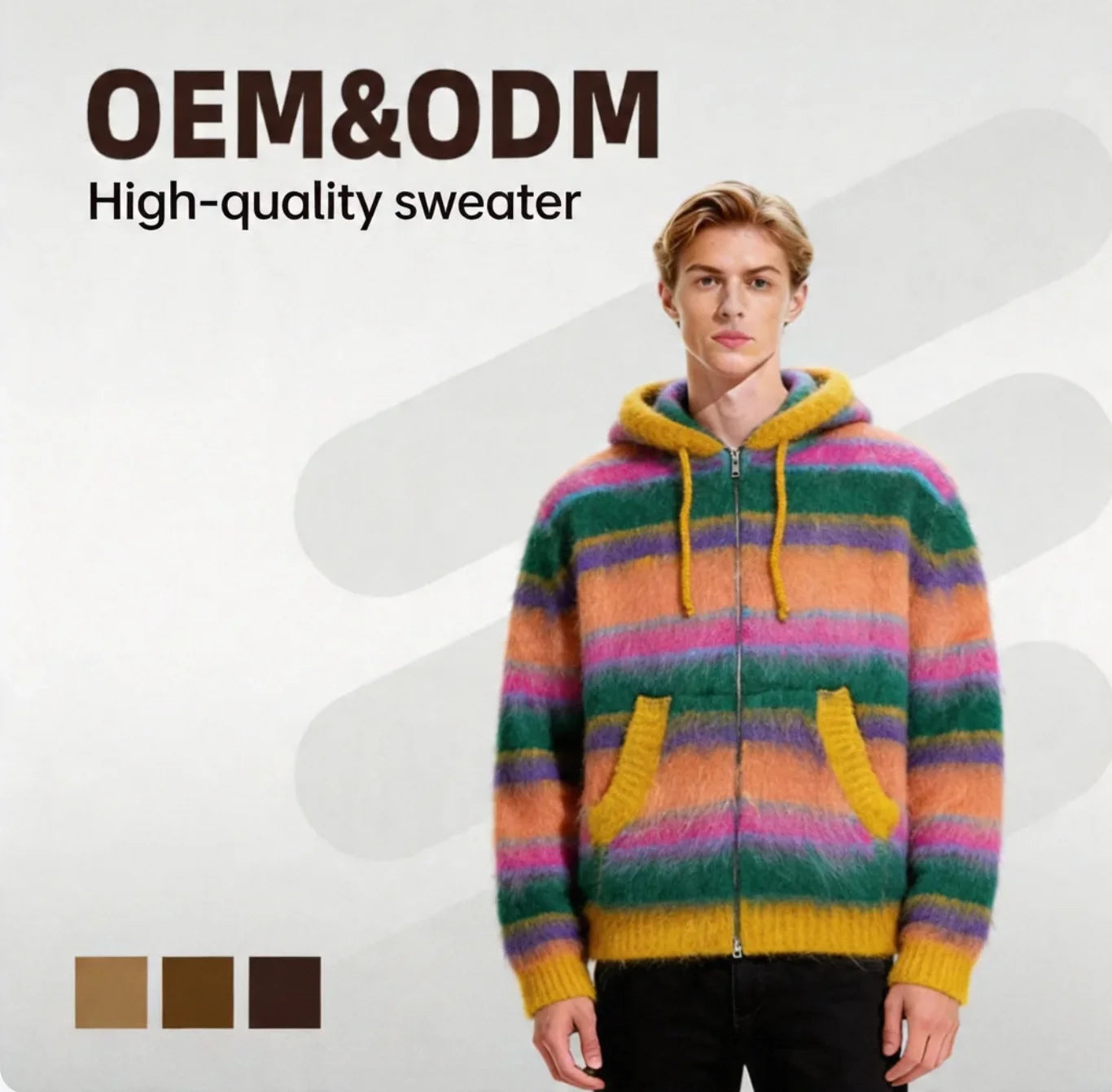 Men's Autumn Winter Thick Breathable Long-Sleeved Hooded Top Cardigan New Color Striped Zipper Button Decoration Loose