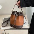 2025 New Women's Color-Blocked Drawstring Crossbody PU Zip Work Clothing Hand Bucket Bag Popular Niche Design for Tote Bags