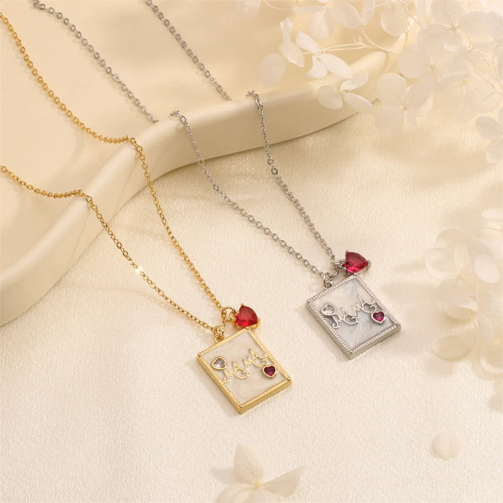 Hot Sale Marble Grain Enamel Mama Necklace Iced Out Cubic Zircon Square Heart Mama Pendant Necklace for Mother's Day Gift