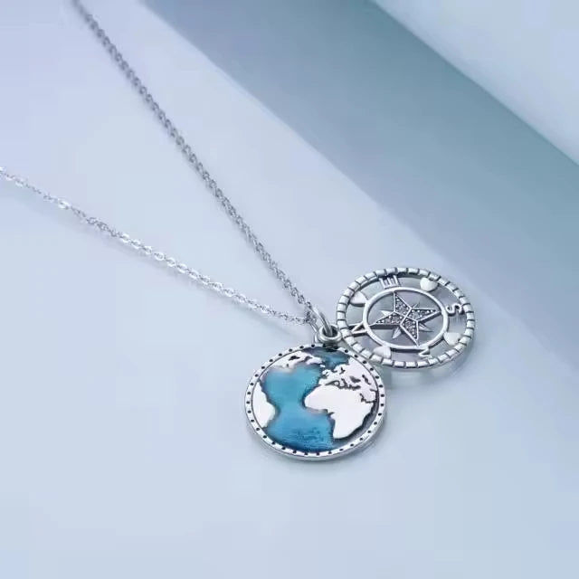 Fashion Jewelry 925 Sterling Silver Zircon Hollow Compass Enamel World Map Charm Necklace