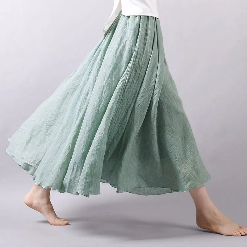 Literary Maxi Size A-line Cotton Linen Skirt Long Casual Double Layer Solid Color Plus Size Elegant Skirt