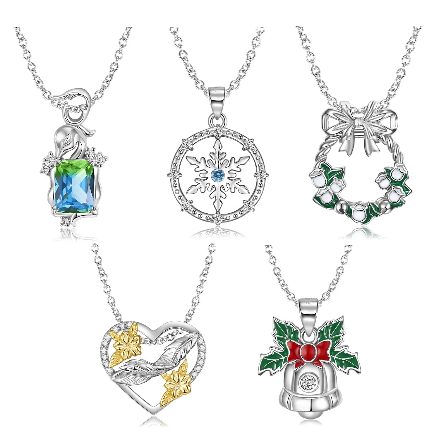 Snowflakes Pendant Necklace 925 Sterling Silver Bow-Knot Bell Heart Pendant for Women Necklaces Jewelry Making Christmas Gifts