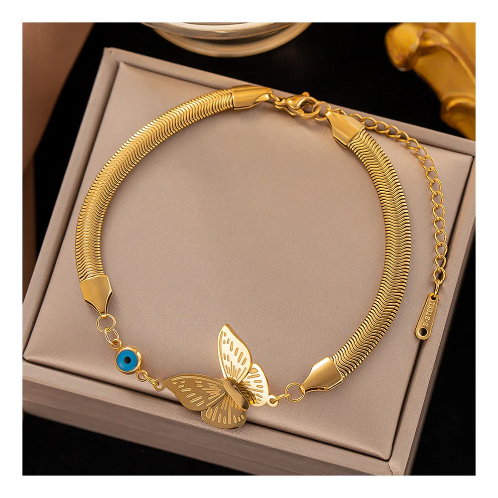 New Arrival Cheap 316L Stainless Steel Stable Color 18k Gold Plated Snake Chain Heart Butterfly Bracelet for Women