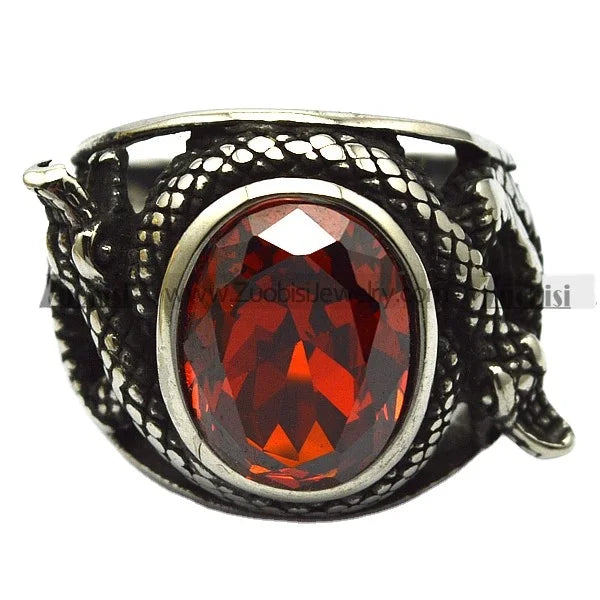 Vintage Antique Big Oval Glossy Red Ruby Rhinestone Hollow Serpent Snake Stone Ring