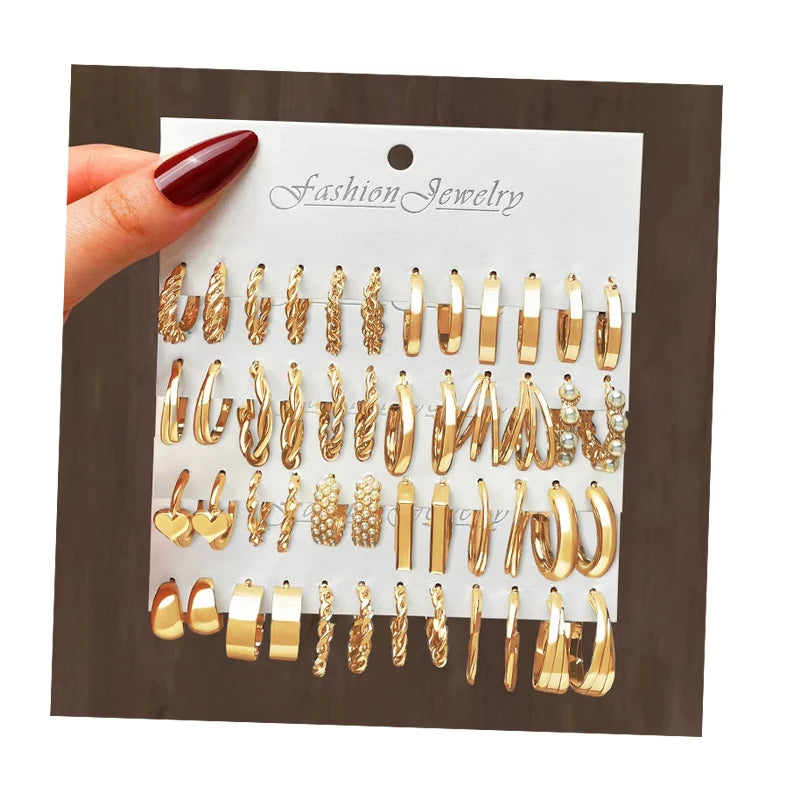 Retro Gold Color Pearl Geometric Design Heart Hoop Earrings Set for Women Jewelry
