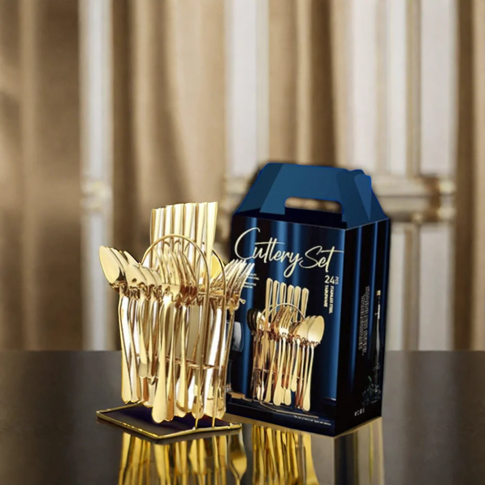 Gold Stainless Steel Knife Fork Spoon Set with Stand 24pcs Gold Flatware Cutlery Set With Rack