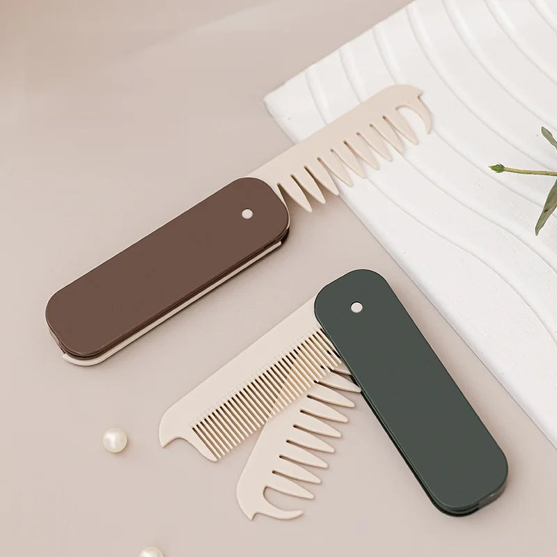 New Design 2-in-1 Double Tooth Wide Teeth Hair Brush Travel Hair Comb Green Coffee Folding Nylon Portable Common Combs