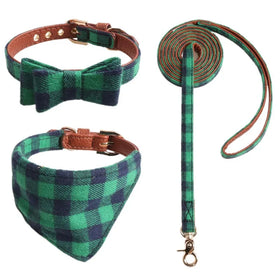 Classic Simple Modern British Plaid Three-Piece Dog Collar Set Durable Bow Triangle Collar Stylish Pet Supplies