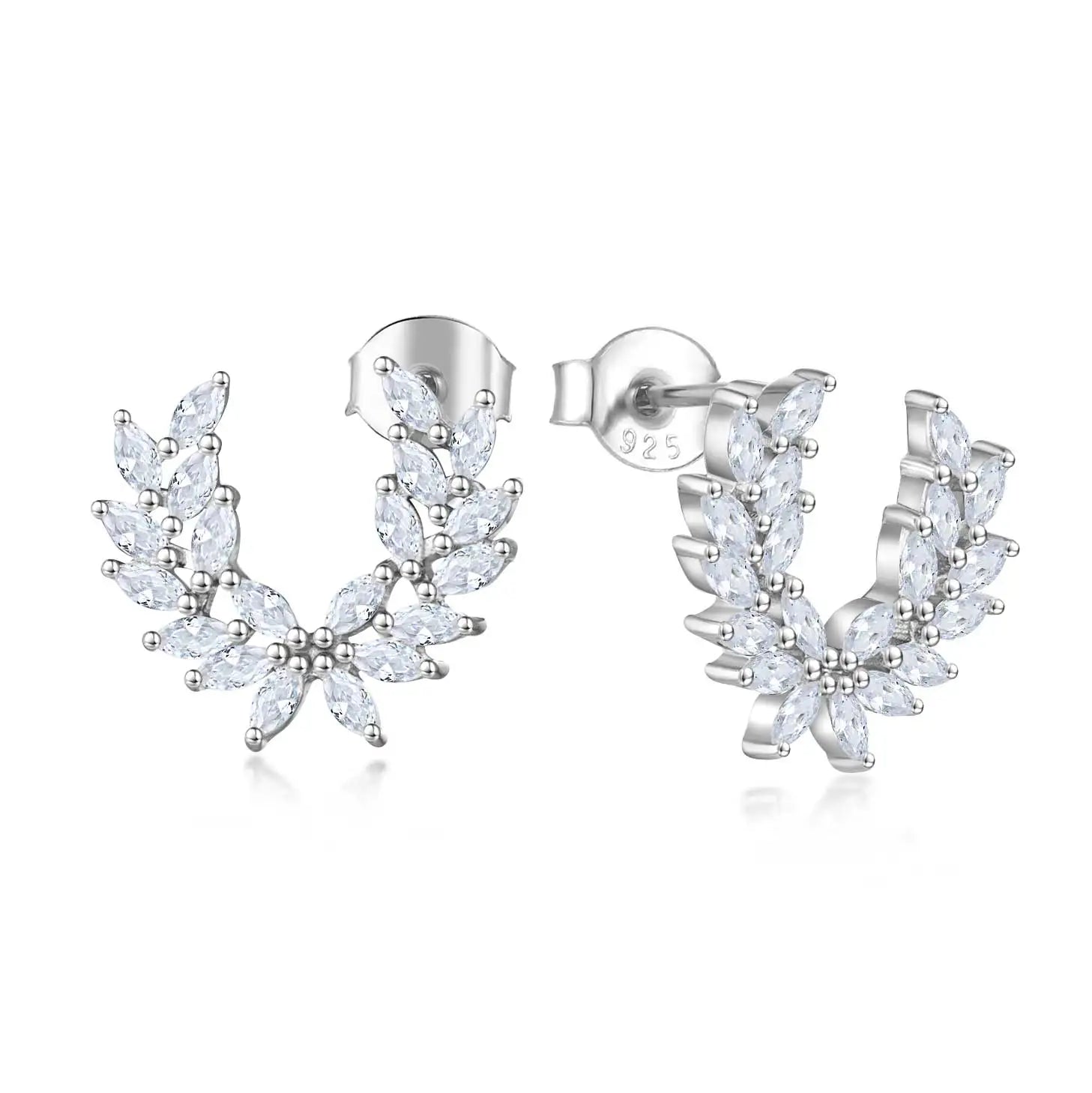 QX Custom Luxury Fine Jewelry 925 Sterling Silver White Zircon Flower Leaf Simple Stud Earrings for Women