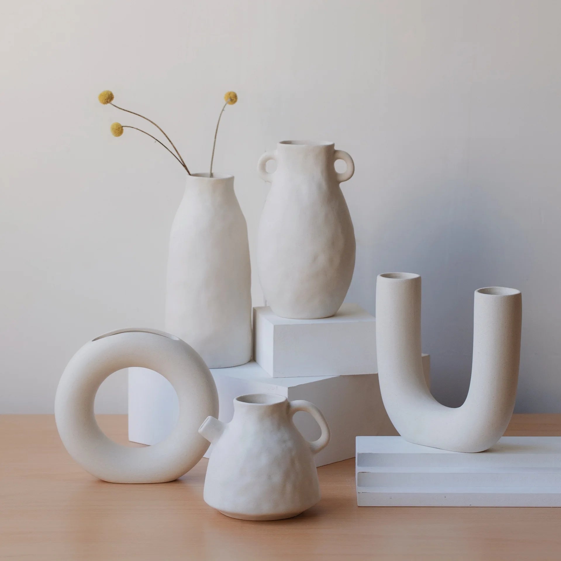 Shaped Creative Hydroponic Ceramic Vase Decoration Plain Burnt Flower Arrangement Geometric Crafts White Vase