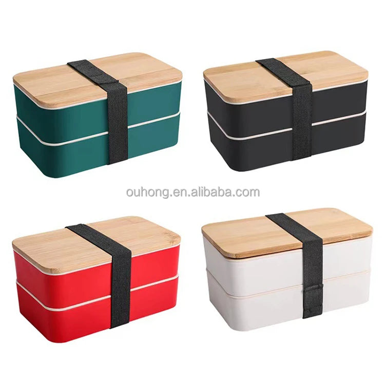 Popular Japanese Style Salad Sushi Bento Box 2 Layers Compartment Bamboo Lid Lunch Box With Cutlery