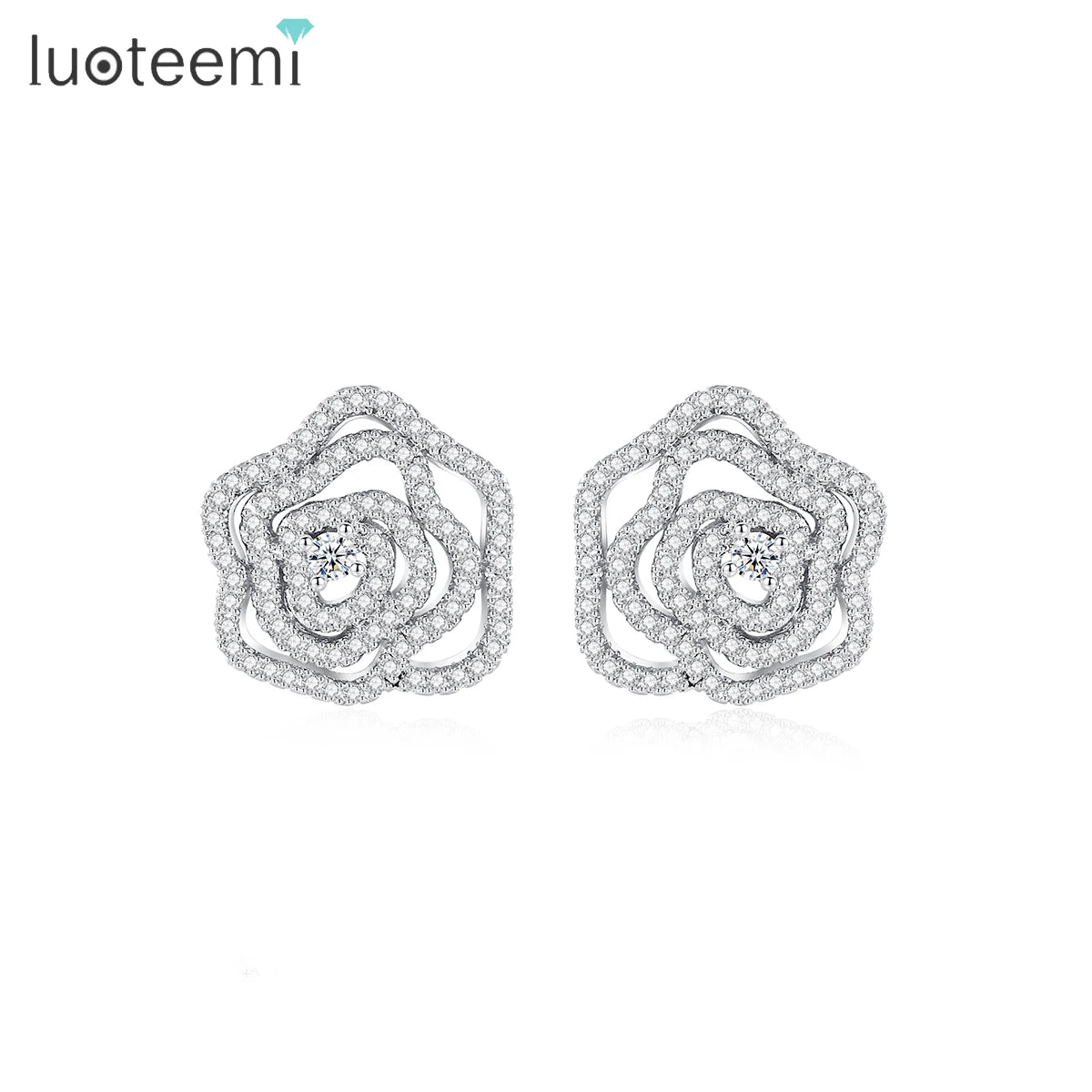 LUOTEEMI Lady Earing Copper Designer Korean Fashion Cute Woman Elegant 5A Cz Zircon Zirconia Rose Earrings