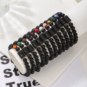 Factory Wholesale 12 Zodiac Matte Black Agate Stone Beaded Elastic Beads Couple Bracelet with Card for Men Women