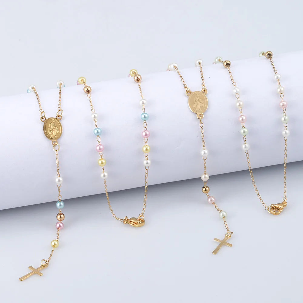 Delicate 20 Inch Simulated Pearl Beaded Chain Cross Virgin Mary Rosary V Necklace for Women Teen Girls