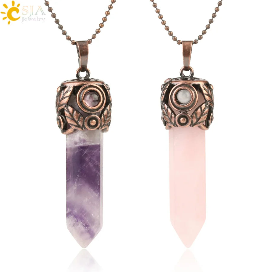 CSJA Natural Crystal Quartz Pendant Antique Copper Hexagonal Column Healing Necklace Mother'S Day Gifts G178