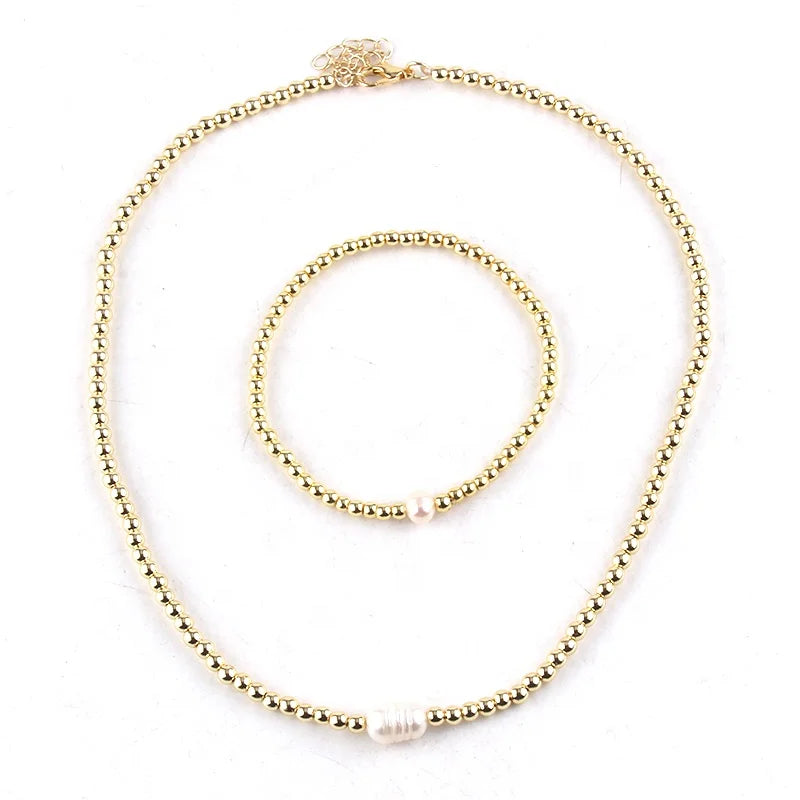 JH Wholesale Golden Hematite Women Jewelry 4mm Hematite Freshwater Pearl Necklace BraceletSet